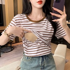 임산부 여름 수유 반팔티 스트라이프 여름 반팔 티셔츠 캐주얼 코튼 편안한 라운드넥 탑스 JS