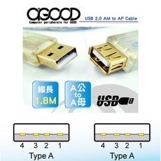 【A-GOOD】USB 2.0 A公轉A母轉接線-1.8米, 1個, 1.8m