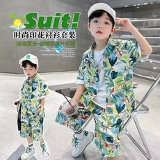 賣場優選新款可愛童裝兒童襯衫套裝男童襯衣夏季套裝中大童兒童裝港風花襯衫男孩短袖沙灘度假炸街潮
