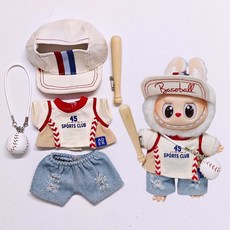 Labubu 라부부 인형옷 점퍼 1~3세대 호환 스포츠 스타일 5종 세트, 찢어진 청바지+야구모자+야구복+공+방망이, 1개