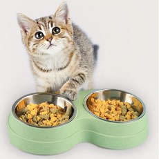 강아지밥그릇 2구 식기 반려동물 고양이밥그릇 애견 그릇, 1개, 그린