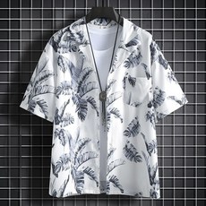 男夏季薄款寬鬆短袖碎花襯衫夏威夷情侶沙灘服套裝 冰絲短褲一整套