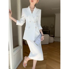 화이트 전문직 여성 정장 세트 2025 봄 가을 스몰 사이즈 우아한 커리어 포멀 하프 스커트 투피스, 01 화이트[슈트탑], 03 에스
