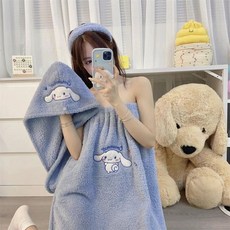 卡通珊瑚絨刺繡浴裙套裝：學生可穿可裹吸水柔軟浴袍、幹髮帽、髮帶組合，多款顏色可選，居家必備, 玉桂狗浴帽+浴裙, 1個