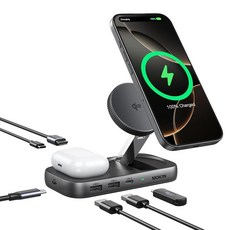 MOKiN USB C 허브 15W 무선 충전기 Qi2 인증 Magsafe 충전 스탠드 4K@60Hz HDMI 100W PD 10Gbps USB C/A 및 5W 충전 패드, 8-in-1-Black, 8-in-1-Black