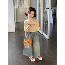 兔巴叮童裝 兒童連帽T恤套裝 秋季新款韓版女童坑條上衣牛仔褲衛衣休閒學生套裝