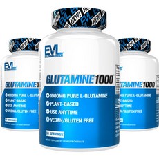 EVLUTIONNUTRITION 글루타민 1000 글루텐 프리 비건 베지 캡슐, 120개입, 3개, 120정
