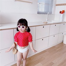 Yubli女童款圓點泡泡袖紅色兩件式泳衣套裝