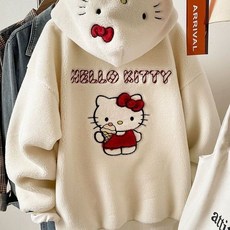 女大童仿羊羔毛刺繡KT貓衛衣外套秋冬季可愛日系加絨加厚連帽上衣