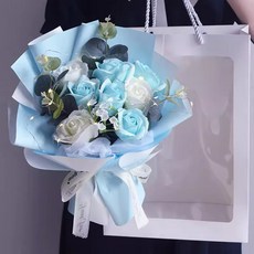 장미 꽃다발 부케 시들지 않는 꽃 배합 LED 라이트 및 쇼퍼백, 푸른색 흰색 장미
