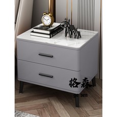 【格森】烤漆床頭櫃 輕奢現代臥室床邊櫃 極簡高端全實木儲物櫃, 深灰色+白【進口岩板】,50x40x47cm, 1個