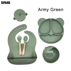DFMEI 硅膠餐盤寶寶餐具套裝兒童餐具寶寶輔食碗嬰兒用品兒童用品6件套, 1個, 如圖, 軍綠