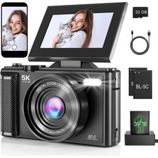 유튜브 WiFi 자동 초점 및 흔들림 방지를 위한 5K 브이로그 카메라 80MP 디지털 3인치 180° 플립 화면 18배 줌 32GB SD 카드 배터리 2개 초보자를 소형 휴, Black