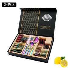 1010不銹鋼系列24件套四主件禮盒裝西餐牛排刀叉勺餐具不鏽鋼餐具環保餐具湯匙叉子筷子湯匙, 24件套幻彩, 1個