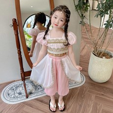 女小童夏季漢服套裝寶寶西域公主舞蹈表演禮服小女孩民族風兩件套