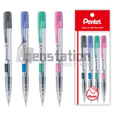 Pentel TECHNICLICK 펜텔 테크닉클릭 샤프(PD105) 4개 세트, 1팩, 0.5m 클리어블랙+클리어블루+클리어그린+클리어핑크