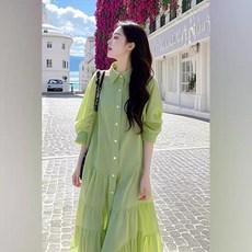 Seofst여성 봄가을 프릴 셔츠 원피스 슬림핏 우아한 롱 원피스