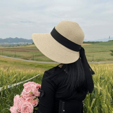 夏季大帽檐女款草編遮陽帽 蝴蝶結防曬禮帽, 米色, 56-58頭圍