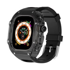 Apple Watch Ultra 保護殼錶帶套裝 一體式改裝配件, 八星透黑殼+針扣氟橡膠錶帶（黑色）,適用 Ultra【49mm】, 1個