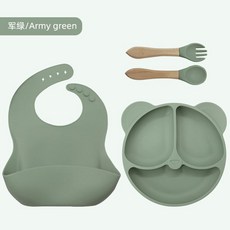 寶寶輔食工具 全套安全硅膠一體式貓餐盤6件套 嬰兒輔食碗兒童餐具, 1個, 小熊頭餐盤4件套   軍綠331g