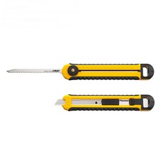 又敗家@日本OLFA 兩用型橡膠握把美工刀鋸刀CS-5(尖刀式厚1.25mm鋸刀片;雙向鋸齒)多功能切割刀鋸板刀 適石膏板矽酸鈣板木板合板, 黃色, 1個