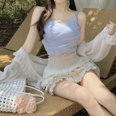 쉬폰 브이넥 세미크롭 끈나시 이너 쉬폰 민소매, 블루