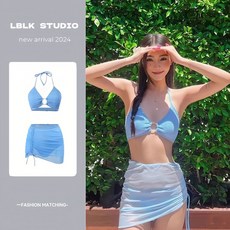 泳衣 顯瘦泳衣 泳衣保守 遮肚泳衣 藍色掛脖比基尼泳衣女夏韓國ins小胸性感辣妹三件套溫泉度假海邊女生泳裝, 天藍色,XL, 天藍色