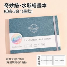 可撕繪畫本 奇妙繪 手繪本 200g特厚繪畫本 專業繪畫本 方形繪本 畫畫本 丙烯卡紙 空白畫, 1個, 可撕水彩本-3合1墨藍色