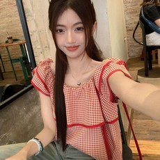 여성용 여름 루즈핏 숏 베이비돌 탑 프렌치 스퀘어넥과 러플 체크 소매
