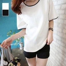라운드넥 무지 넥라인 티셔츠 소매 배색 여자 반팔 기본 여름