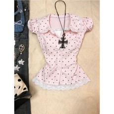 해피유통 프릴카라 반팔 블라우스 여성 여름 슬림핏 러블리 상의