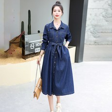SAHINER 봄가을 여성 데님 셔츠 원피스 벨트 미디 길이 LWAQZ27