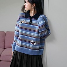 니트 폴로카라 강아지 자수 스트라이프 블루 루즈핏 캐주얼 데일리 S