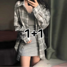 1+1 여자 체크 오버핏 셔츠 남방 긴팔 루즈핏 데일리 셔츠