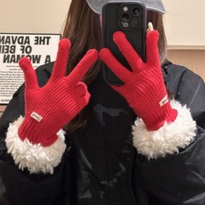 JA ACTIVE 冬季保暖防風手套 毛毛拼接長筒分指手套, 紅色