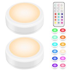 BLS 리모컨 포함 LED 퍽 조명 무선 캐비닛 및 옷장 RGB 13가지 색상 변경 조광기 타이머 AA 배터리 작동 푸시 터치 야간 부착 화이트 2팩