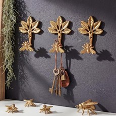 Otoolling 꿀벌 잎이 있는 금속 골드 후크 3개 귀여운 도어 행거 동물 랙 벽 마운트 코트 가방 수건 입구 욕실 침실 농가 장식용 106950