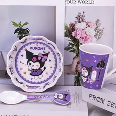 卡通庫洛米兒童餐具可愛家用耐摔防燙分格餐盤喫飯碗勺杯筷盤, 庫洛米【480ML】花朵碗+手柄杯+造勺, 1個