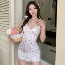 여성 꽃무늬 러블리 슬립 섹시 끈나시 원피스 바캉스 잠옷