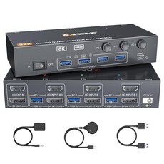 HDMI DP KVM 스위치 2 3대 컴퓨터 8K@60Hz 4K@44Hz PC용 USB 3.0 포트 4개 공유 키보드 마우스 프린터 케이블 2개 전원 어댑터 및 컨트롤러 블랙, Black