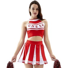 JELEUON 여성용 섹시 치어리더 유니폼 학교 뮤지컬 댄스 드레스 매치 폼폼 양말 할로윈 코스튬 팬시 의상 B-레드