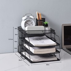 辦公室桌面金屬文件架 檔案收納盒 書立 資料架 125, 1個, 經典黑色, 三層 豎式2層+頂格置物籃