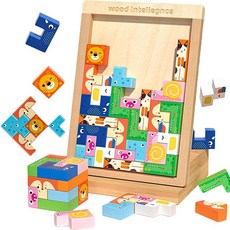 Bajoy 4in1 몬테소리 교육 장난감 나무 퍼즐 테트리스 지그 소 퍼즐 쌓기 3D 입체 퍼즐 뇌 트레이닝 기억력 트레이닝 공간 인식 창조력 3 4 5 6세 교육 완구 초등학생, 1개