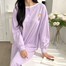 스트라이프 귀여운 코튼 단추 수유 원피스 긴팔 수유복 홈웨어 잠옷