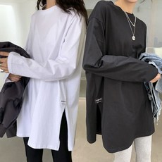 트임 라운드 긴팔티 무지 절개, 화이트, M