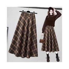 格子半身裙女大碼中長款A字裙高腰顯瘦大擺長裙, 圖色