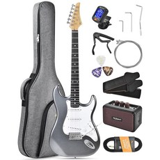 Leo Jaymz 99.1cm(39인치) 풀 사이즈 ST 스타일 일렉트릭 기타 스타터 키트 SSH 픽업 5W 휴대용 앰프 튜너 가방 스트랩 및 액세서리 포함 (그린 플, Gray