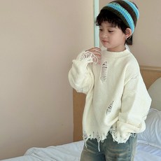男童秋冬裝米色破洞毛衣 2025新款中小兒童男孩春秋季針織衫潮上衣