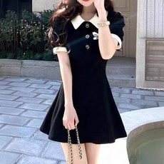 투니스 여성 폴로넥 리본 슬림 웨이스트 미니 반소매 원피스