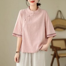 여성 면마 반팔 자수 셔츠 개량한복 중장년 여름 루즈핏 티셔츠 데일리룩 자카드 생활한복